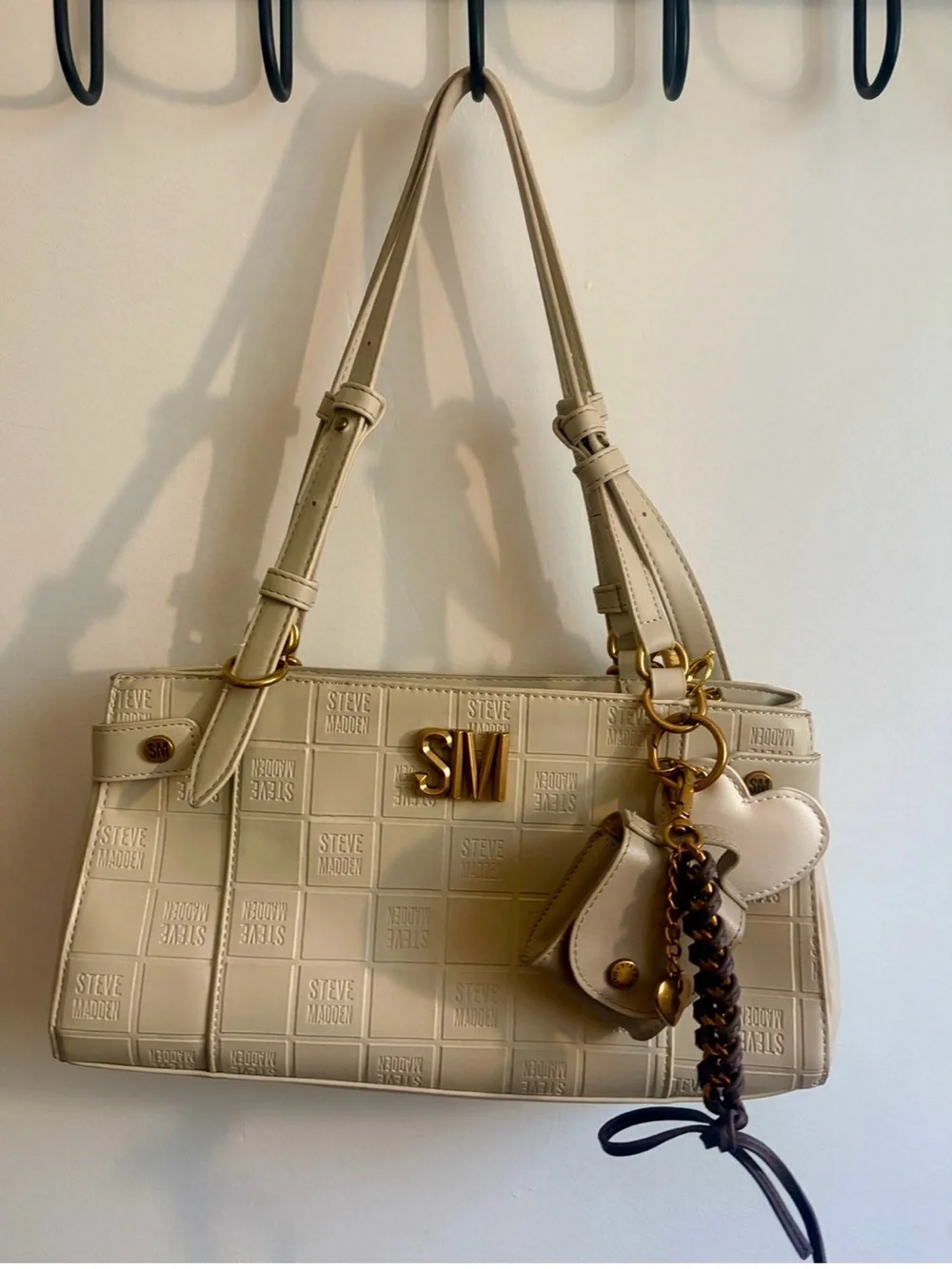 Steve Madden Beige Embossed Logo Shoulder Bag with Charm